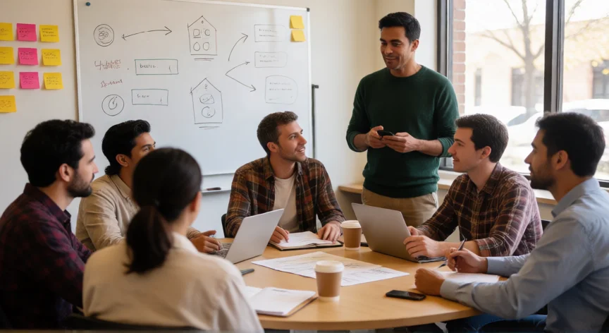 consejos para ser empresario, Equipo de emprendedores en reunión de trabajo en espacio colaborativo