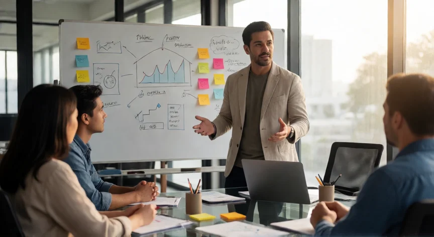 consejos para ser empresario exitoso, Emprendedor presentando estrategia a su equipo en oficina moderna