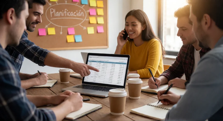 consejos para ser empresario exitoso, Equipo pequeño revisando métricas y planificación estratégica