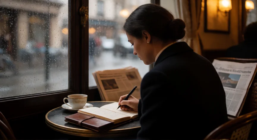 consejos para ser escritor, Escritor tomando notas en un café mientras llueve afuera