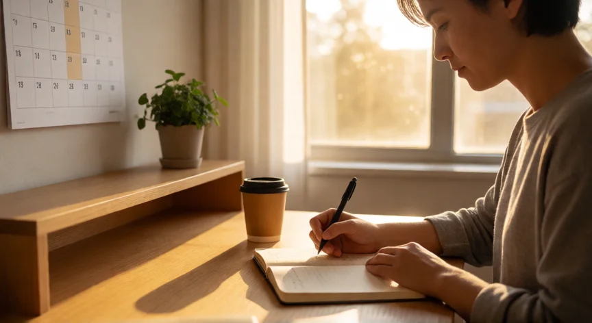 Persona planificando su día en una mesa con luz natural de la mañana