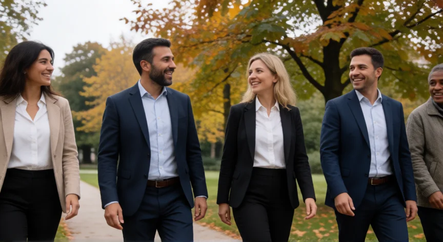 consejos para ser exitoso, Grupo de profesionales caminando y conversando en un parque