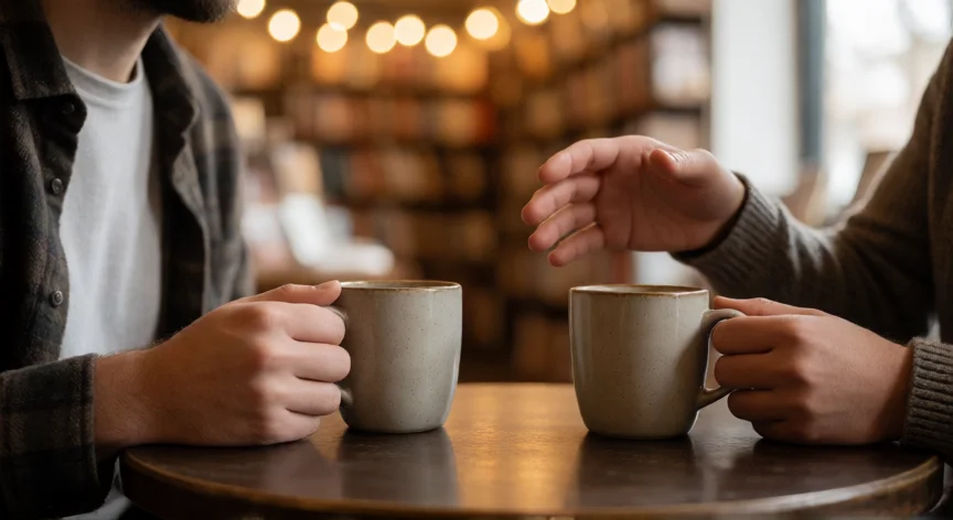 consejos para ser extrovertido, Manos sosteniendo tazas de café en una mesa de librería, simbolizando conexión social fácil