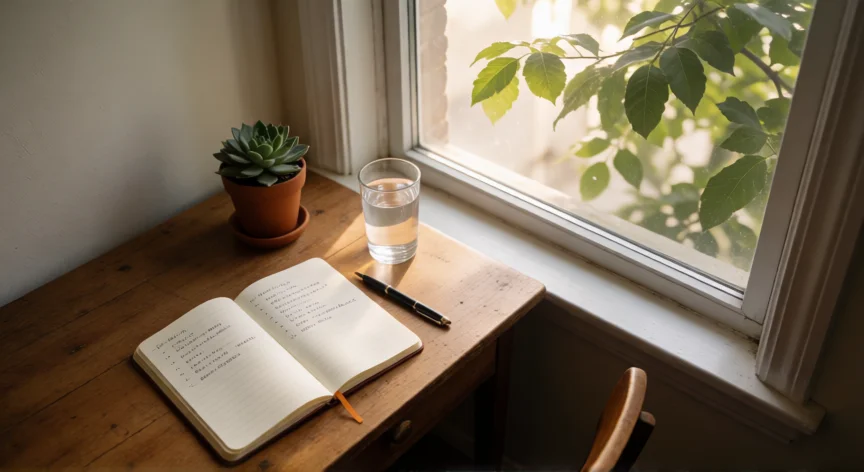 consejos para ser feliz, Mesa junto a la ventana con libreta de gratitud y planta en la luz de la mañana