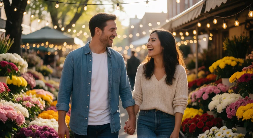 consejos para ser feliz con tu pareja, Pareja paseando de la mano por un mercado de flores al atardecer