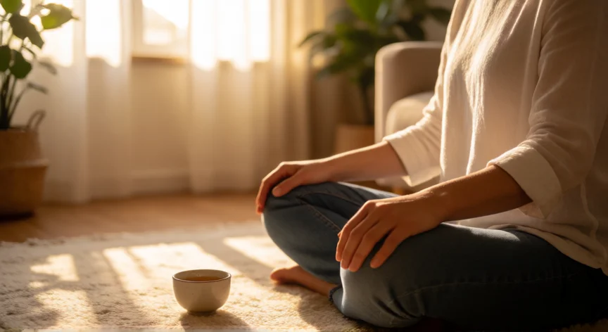 Persona en meditación consciente en una habitación iluminada por la luz de la tarde