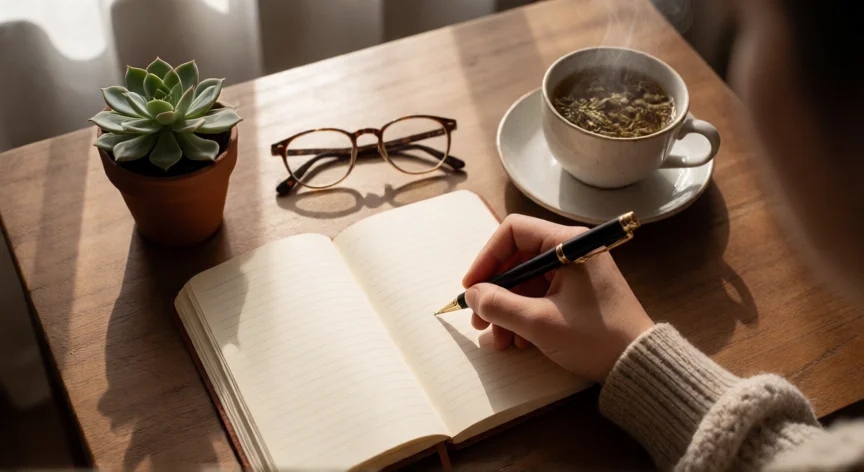consejos para ser feliz con uno mismo, Diario personal abierto sobre una mesa de madera con luz matinal y una taza de té