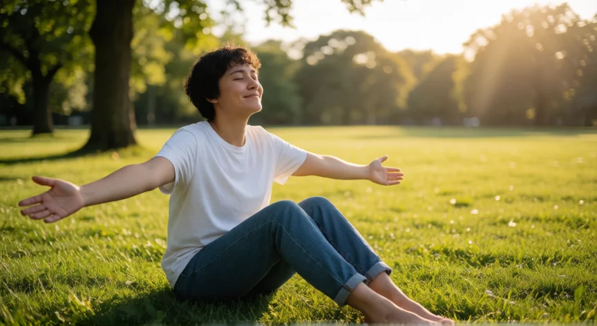 consejos para ser feliz imperativo, Persona disfrutando de la naturaleza en un parque al atardecer con los ojos cerrados
