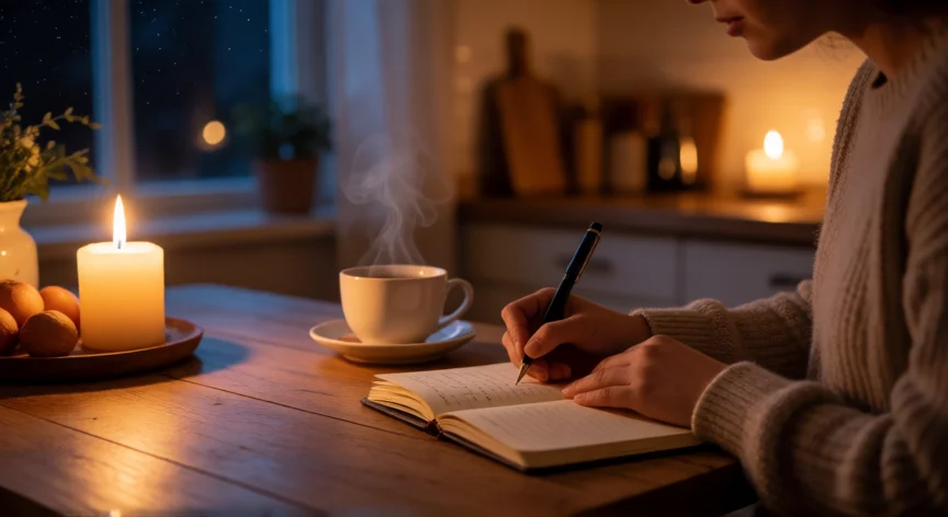 consejos para ser feliz imperativo, Persona escribiendo en una libreta a la luz de una vela en una cocina acogedora