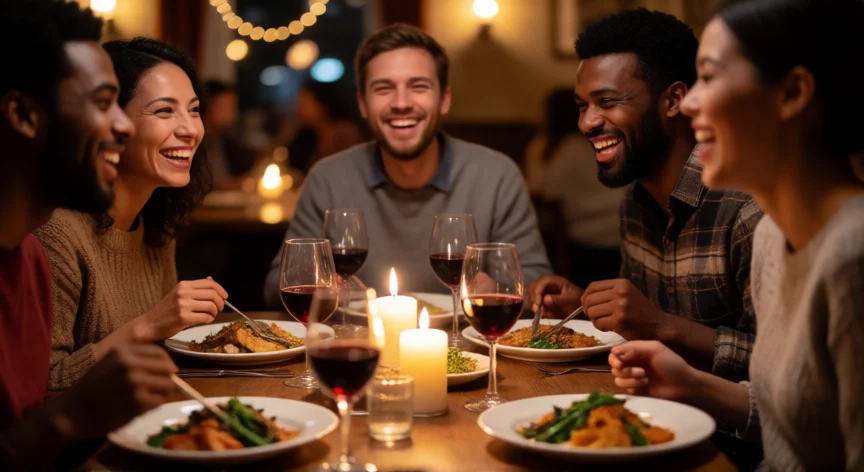 consejos para ser feliz jw, Grupo de amigos riendo juntos en una cena en un restaurante