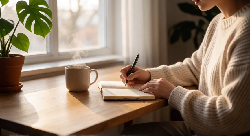 consejos para ser feliz youtube, Persona escribiendo en un diario junto a una ventana soleada con una taza de té