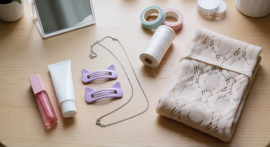 consejos para ser femboy, Accesorios y productos de cuidado para un estilo femboy dispuestos sobre una mesa