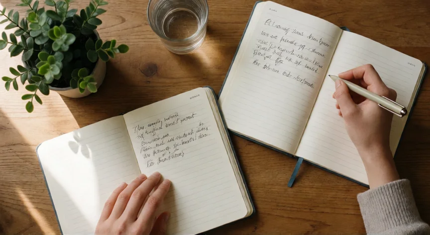 consejos para ser fiel, Manos escribiendo en diarios personales sobre una mesa de madera, autocuidado
