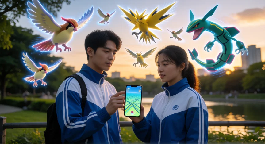 consejos para ser fly pokemon go, Entrenadores Pokémon GO con Fly legendarios en un parque al atardecer