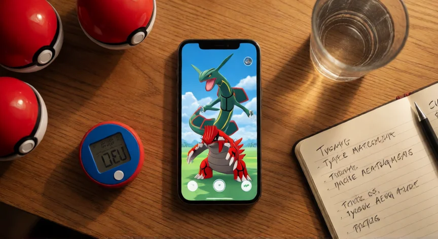 consejos para ser fly pokemon go, Móvil con batalla de Rayquaza en Pokémon GO sobre una mesa con notas de estrategia