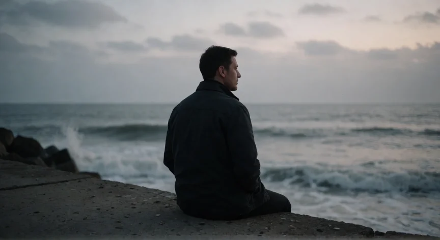 consejos para ser frio y sin sentimientos, Hombre sereno en un muelle al atardecer, símbolo de desapego emocional y calma interior