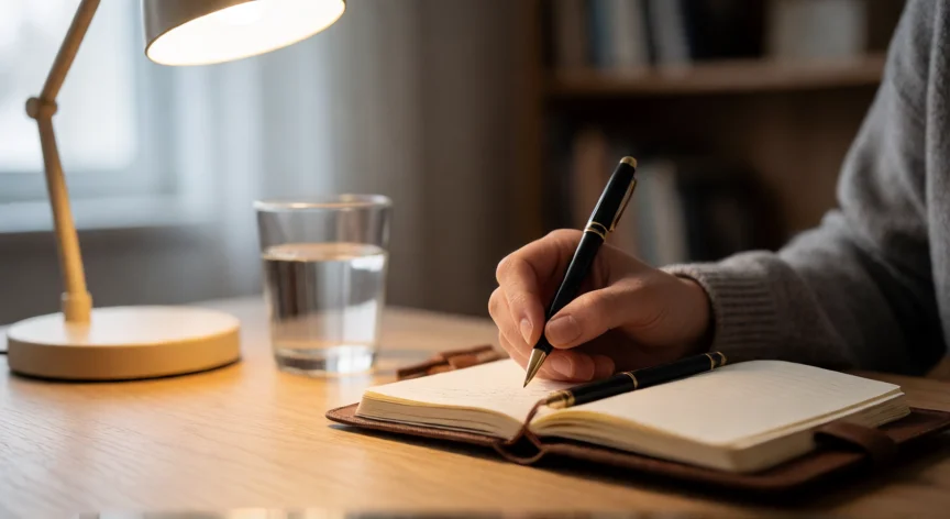 consejos para ser frio y sin sentimientos, Manos escribiendo en un diario sobre una mesa de madera, práctica de reflexión y disciplina interior