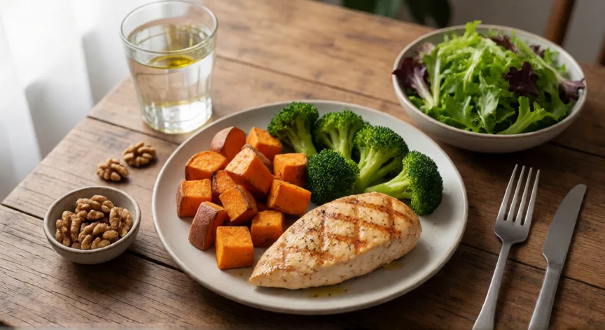 consejos para ser fuerte, Comida saludable con pollo asado, boniato, brócoli y frutos secos para ganar fuerza