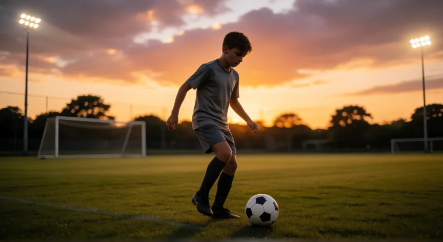 Joven futbolista entrenando control de balón al atardecer en un campo de fútbol