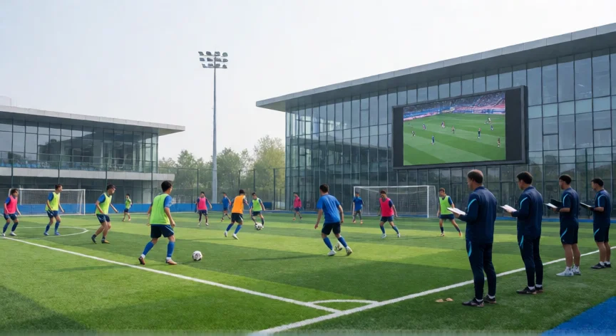 consejos para ser futbolista profesional, Complejo de cantera futbolística con jugadores jóvenes en sesión de entrenamiento