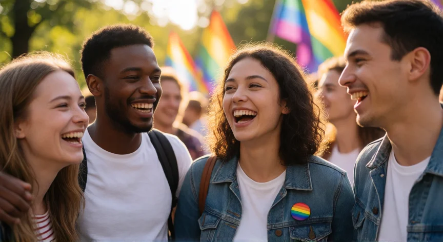 consejos para ser gay, Grupo diverso de amigos riendo juntos en un parque durante un evento del Orgullo