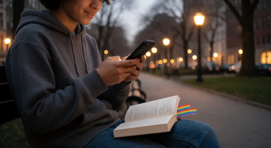 consejos para ser gay, Joven sonriendo en un banco de parque al atardecer con un libro y un marcador arcoíris