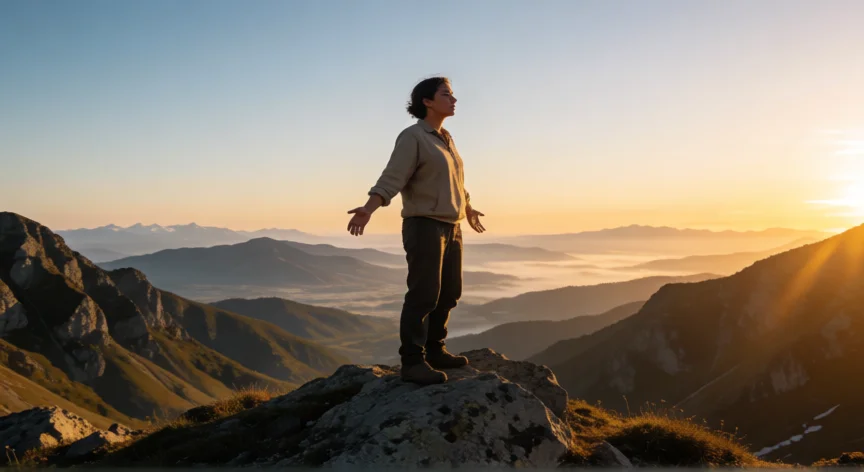 consejos para ser grande, Persona en la cima de una montaña al amanecer simbolizando el crecimiento personal