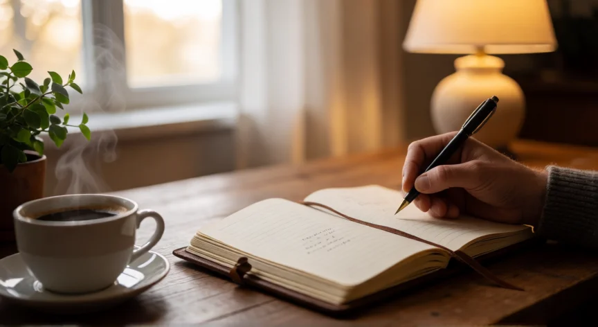 consejos para ser grande, Mano escribiendo en un diario al amanecer representando la reflexión y el propósito