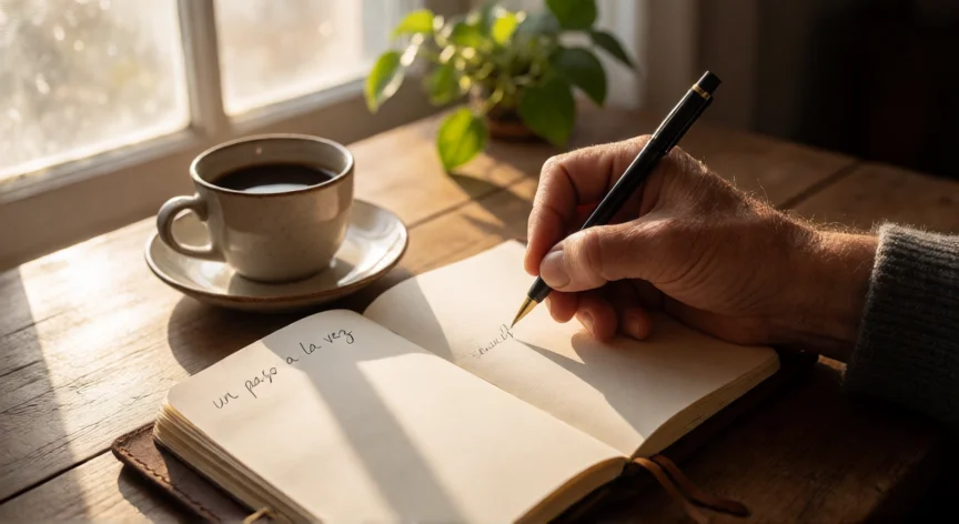 consejos para ser grande en la vida, Manos escribiendo en un diario a la luz de la mañana, hábito de reflexión