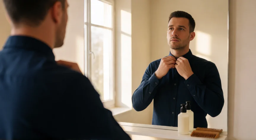 Hombre joven frente al espejo del baño ajustándose la camisa con buena iluminación natural