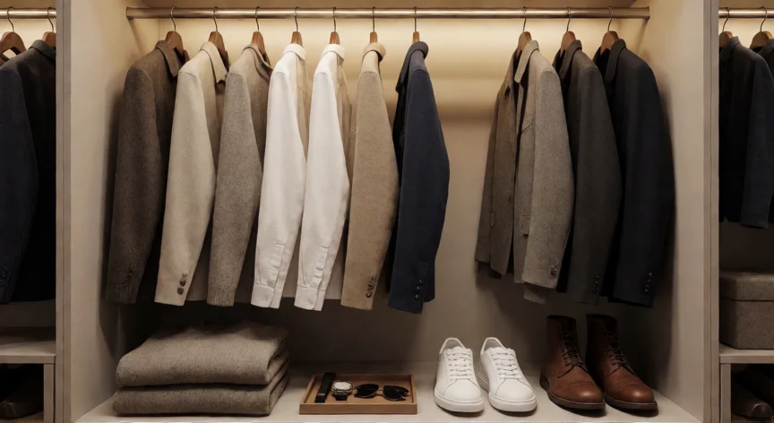 consejos para ser guapo, Armario masculino ordenado con ropa neutra, calzado limpio y accesorios sobre una bandeja