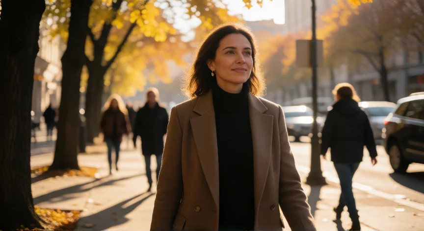 consejos para ser hermosa, Mujer caminando con seguridad y buena postura por una avenida arbolada al atardecer