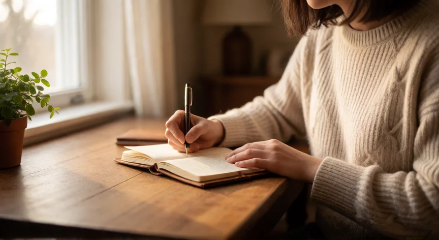 consejos para ser honesto, Persona escribiendo en un diario de honestidad personal en una habitación tranquila