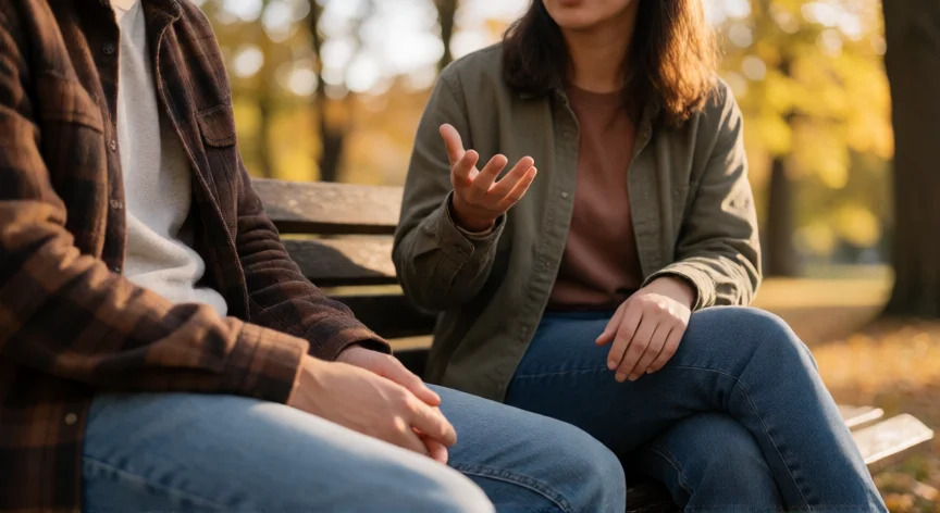 consejos para ser honesto, Dos personas en una conversación honesta y vulnerable en un parque al atardecer