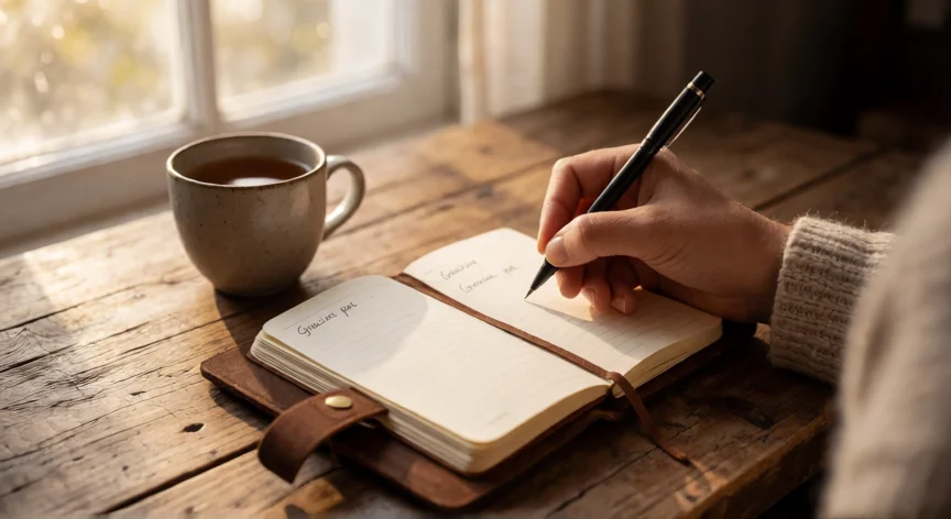 consejos para ser humilde, Manos escribiendo en un diario de gratitud junto a una ventana con luz natural y una taza de té