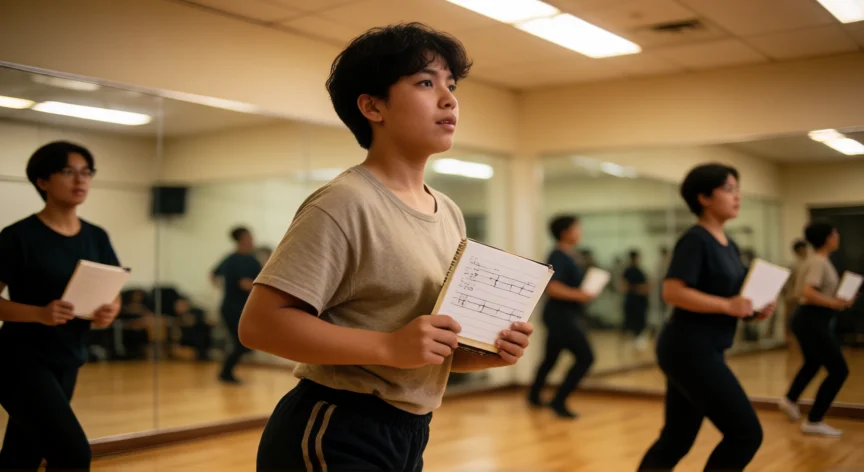 consejos para ser idol, Joven practicando coreografía en sala de ensayo con espejos y notas de baile