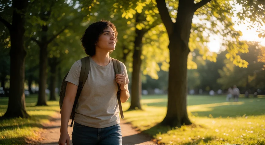 consejos para ser independiente, Persona caminando sola por un sendero arbolado al atardecer con actitud serena y decidida