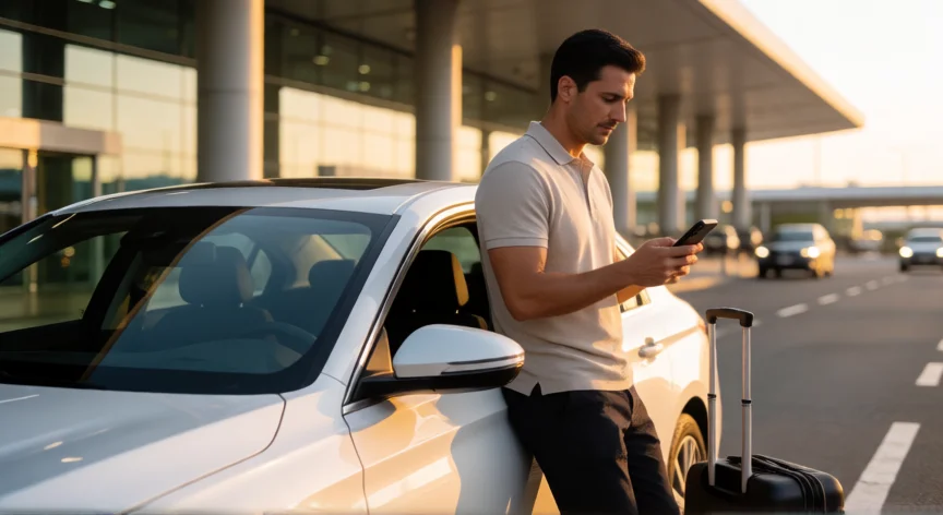consejos para ser indriver, Indriver esperando pasajeros en la terminal del aeropuerto con su coche limpio y su móvil en mano