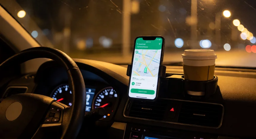consejos para ser indriver, Vista desde el salpicadero de un coche trabajando como indriver por la noche con la app activa