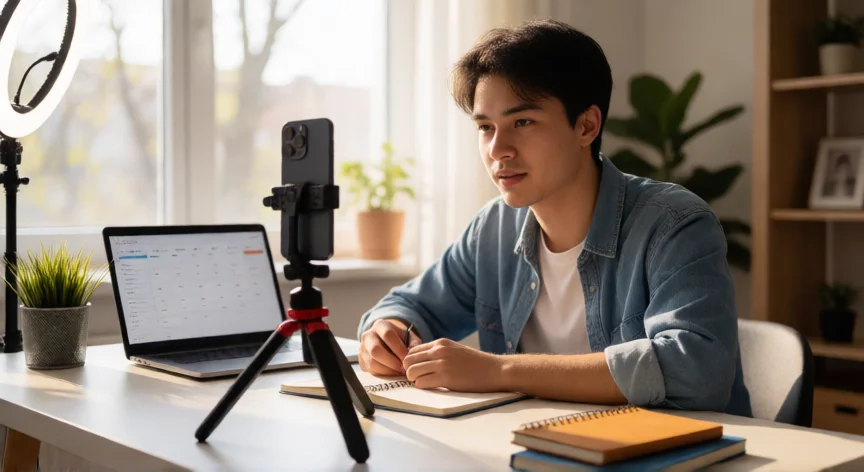 Creador de contenido grabando en su estudio casero con iluminación natural
