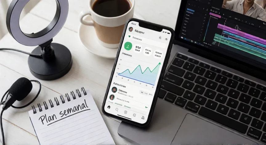 consejos para ser influencer, Mesa de trabajo de un influencer con plan semanal y analíticas de redes