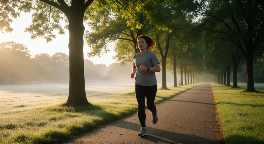 consejos para ser inteligente, Persona corriendo por un parque al amanecer para estimular la función cognitiva