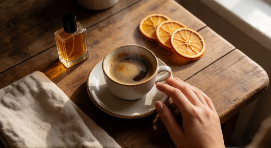 consejos para ser irresistiblemente sensual, Mesa con café, perfume y detalles sensoriales en una atmósfera cálida e íntima.