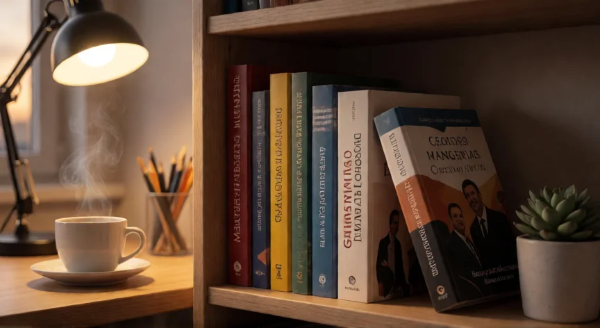 consejos para ser jefe, Biblioteca de libros de liderazgo y gestión en escritorio de oficina