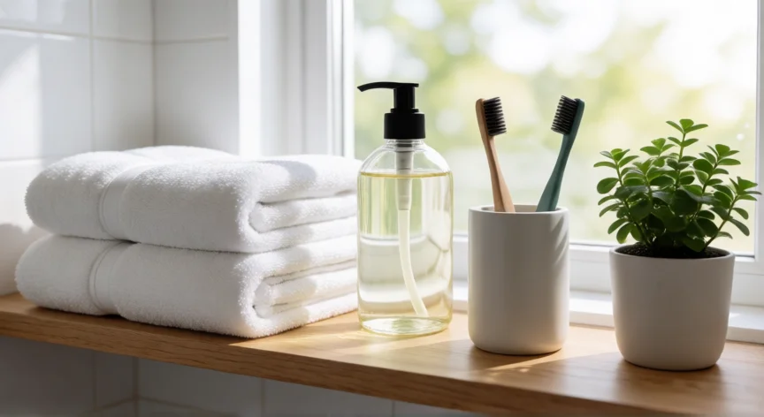 consejos para ser limpio, Estante de baño ordenado con toallas limpias dobladas y artículos de aseo