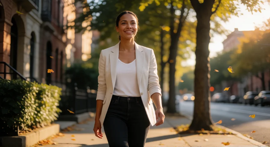 consejos para ser linda, Mujer caminando con seguridad y sonriente en un paseo arbolado al atardecer