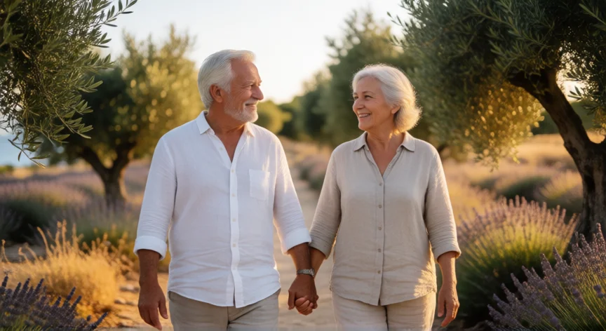 consejos para ser longevo, Pareja de ancianos caminando por un sendero costero mediterráneo al atardecer