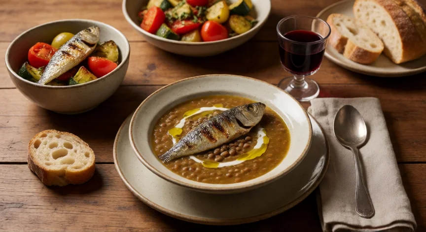 consejos para ser longevo, Mesa con comida mediterránea tradicional: legumbres, pescado, verduras y aceite de oliva