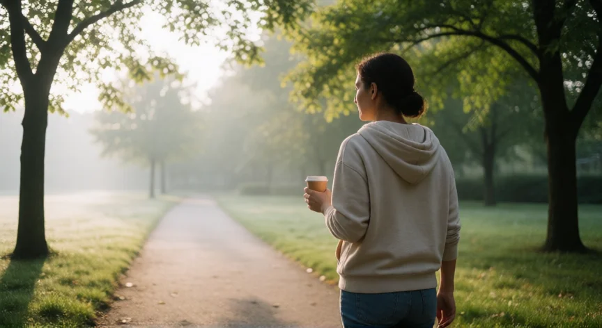 consejos para ser mama, Mujer caminando sola por un parque disfrutando de su tiempo personal