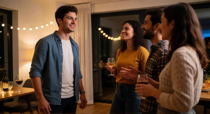 consejos para ser mas sociable, Persona dando el paso de acercarse a un grupo en una reunión social
